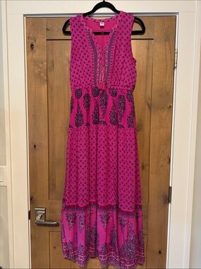 Old Navy Magenta Sleeveless Maxi Dress Womens M Floral Boho Tiered Tassel front